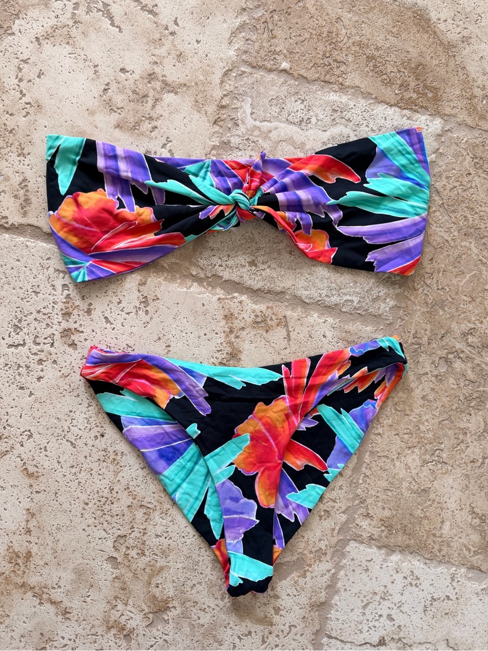 Vincija Swim Tie Up Bow Set in Black Tropic